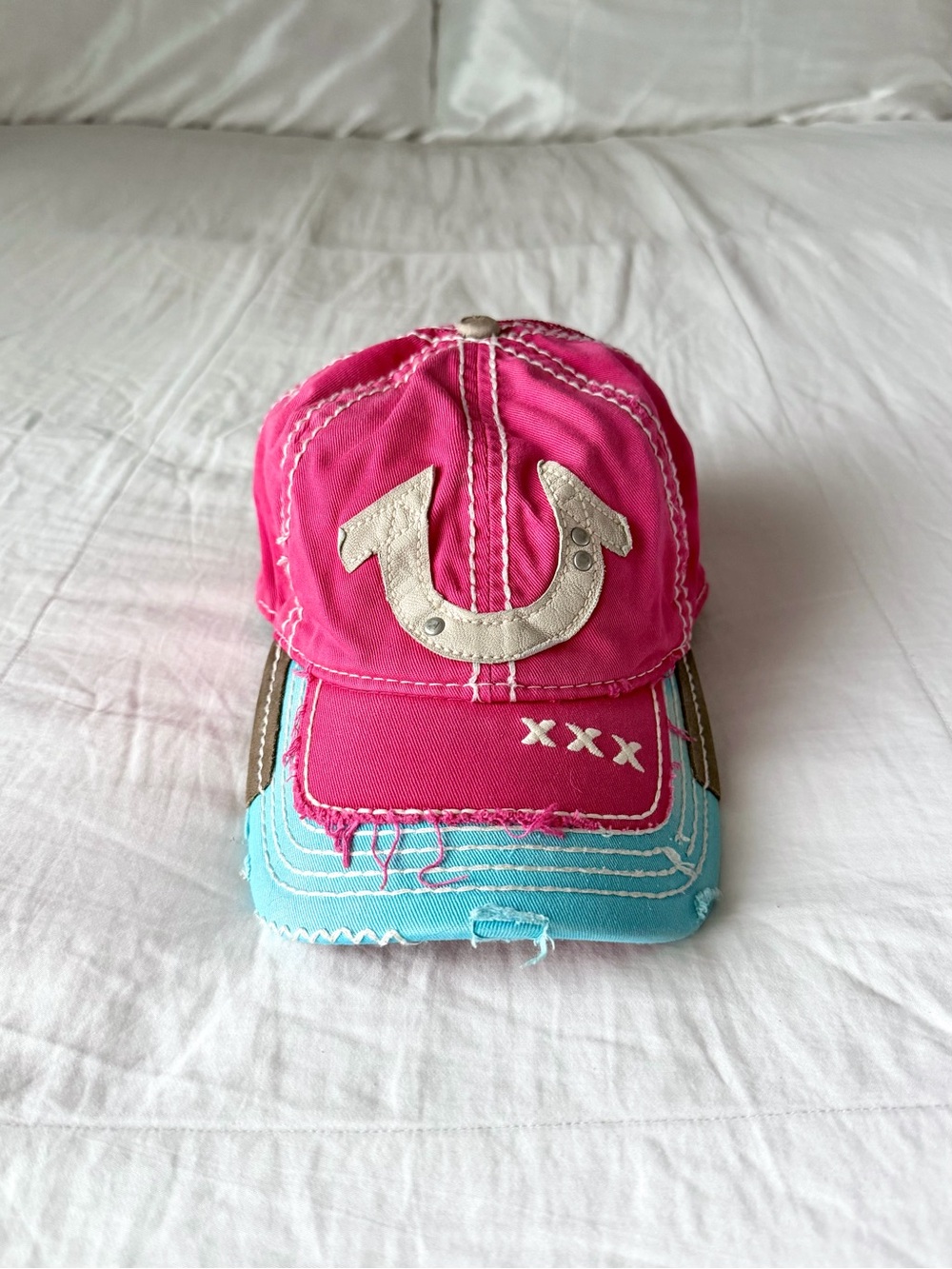 RARE Vintage True Religion XXX Distressed Pink & Blue Trucker Hat
